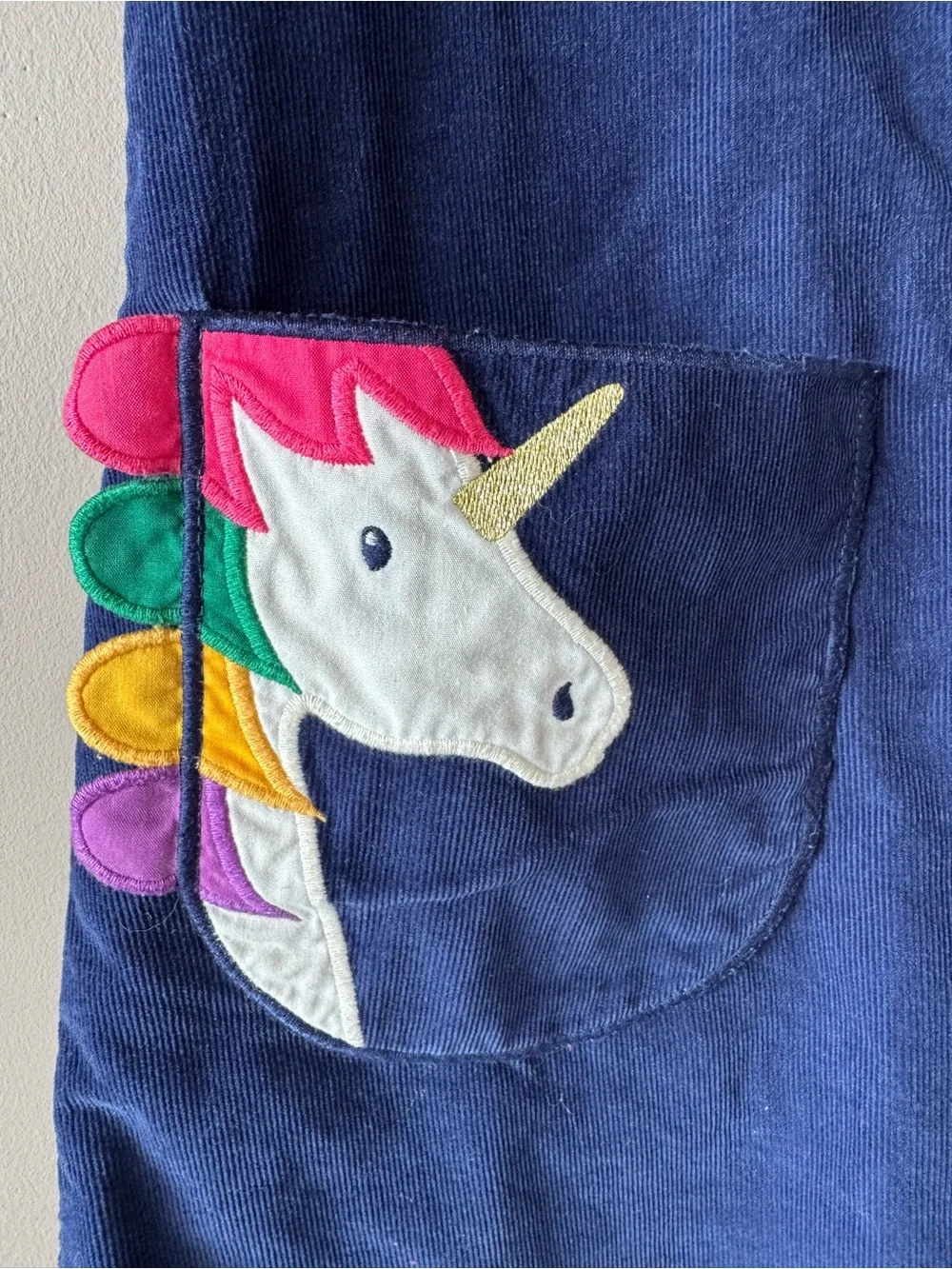 Mini Boden Girls Navy Corduroy Unicorn Appliqué Pocket Dress Size 6-7 Years